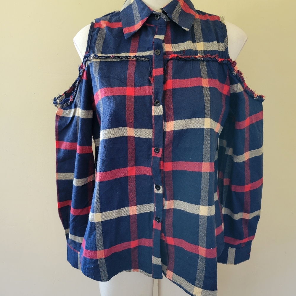 Highness NYC plaid cold shoulder blouse size s/m